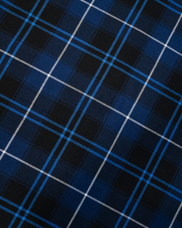 Tartan dark blue with blue & white stripes.