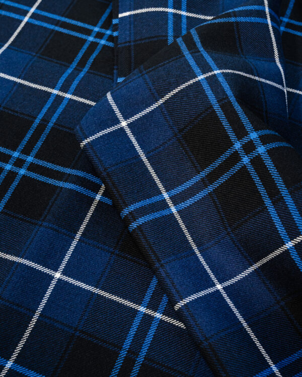 Tartan dark blue with blue & white stripes.