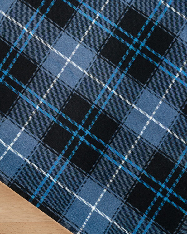 Tartan grey and blue with lighter blue stripe.