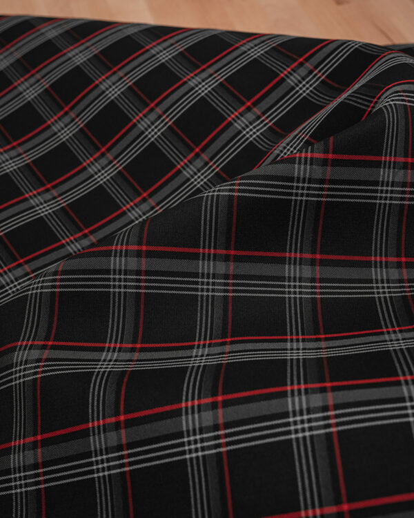 Tartan black, gray with red stripes fabric. Originally used in the Volkswagen Golf MK7 models like GTI, GTE and GTD.