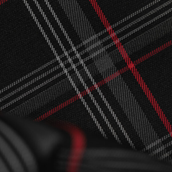 Tartan black, gray with red stripes fabric. Originally used in the Volkswagen Golf MK7 models like GTI, GTE and GTD.