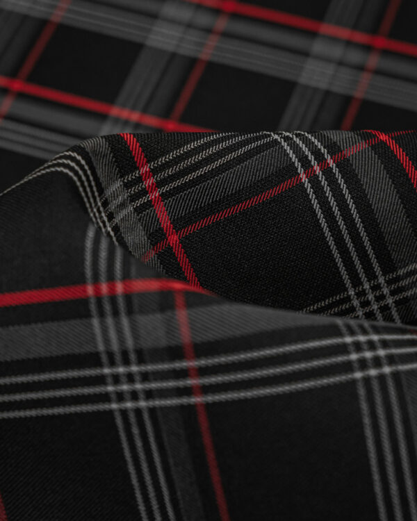 Tartan black, gray with red stripes fabric. Originally used in the Volkswagen Golf MK7 models like GTI, GTE and GTD.