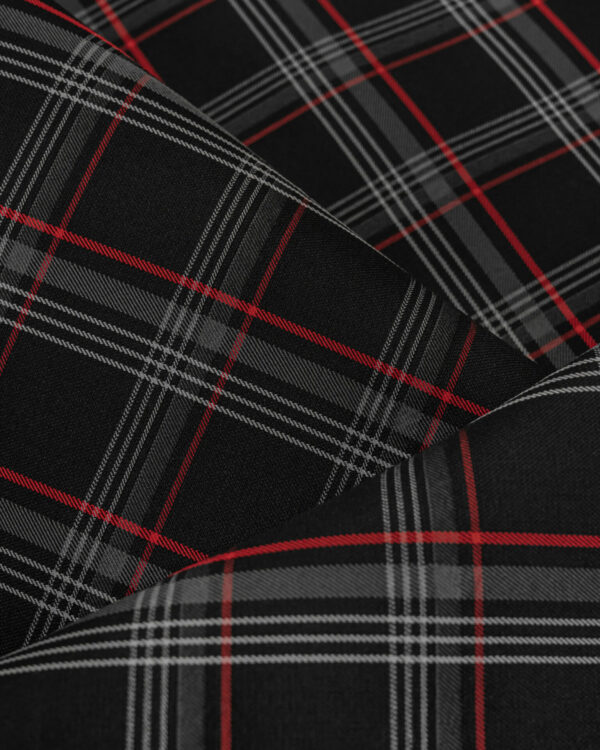 Tartan black, gray with red stripes fabric. Originally used in the Volkswagen Golf MK7 models like GTI, GTE and GTD.