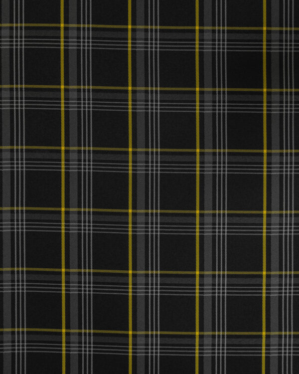 Tartan black, gray with yellow stripes fabric. Originally used in the Volkswagen Golf MK7 models like GTI, GTE and GTD.