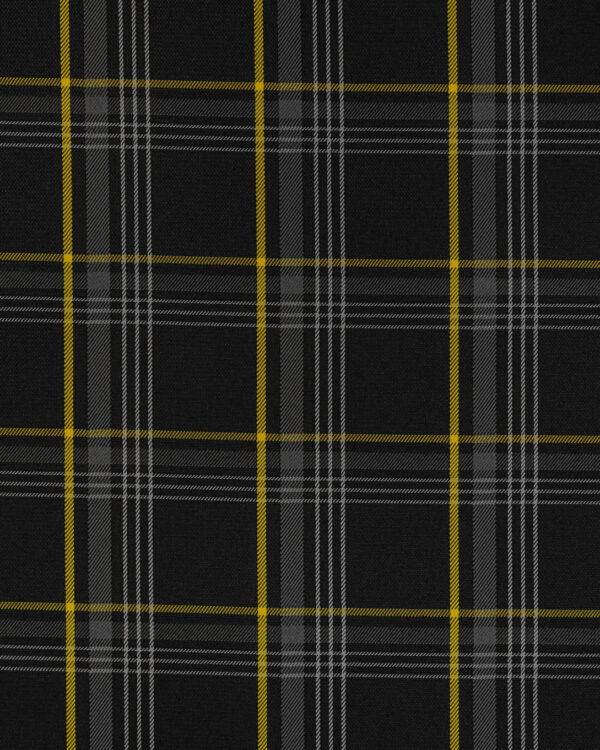 Tartan black, gray with yellow stripes fabric. Originally used in the Volkswagen Golf MK7 models like GTI, GTE and GTD.