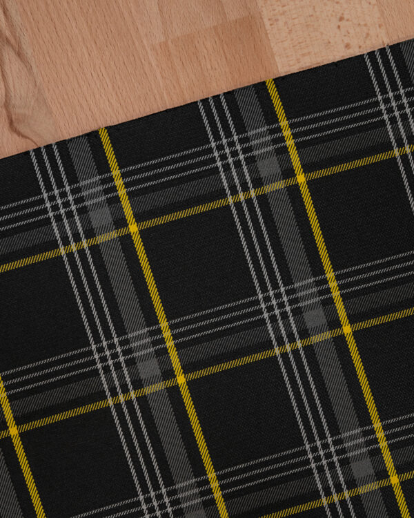 Tartan black, gray with yellow stripes fabric. Originally used in the Volkswagen Golf MK7 models like GTI, GTE and GTD.