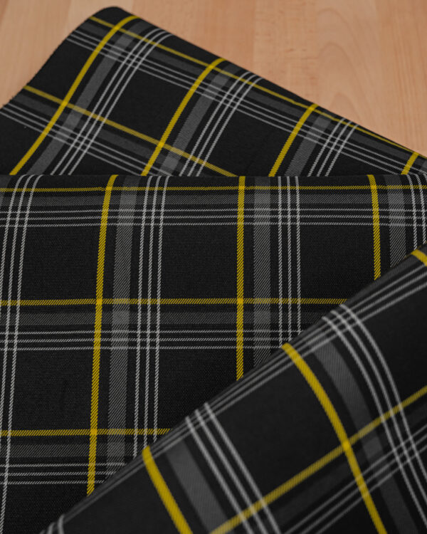 Tartan black, gray with yellow stripes fabric. Originally used in the Volkswagen Golf MK7 models like GTI, GTE and GTD.