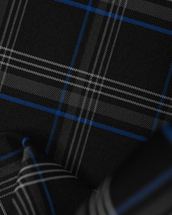 Tartan black, gray with blue stripes fabric. Originally used in the Volkswagen Golf MK7 models like GTI, GTE and GTD.