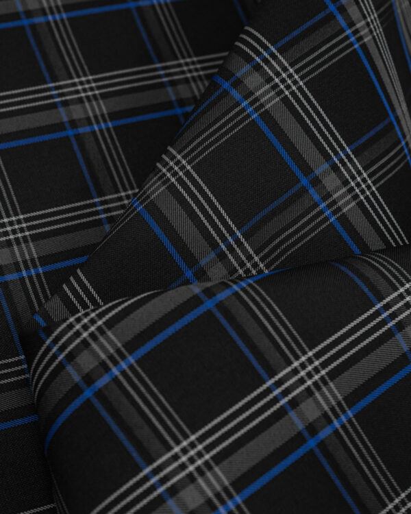 Tartan black, gray with blue stripes fabric. Originally used in the Volkswagen Golf MK7 models like GTI, GTE and GTD.