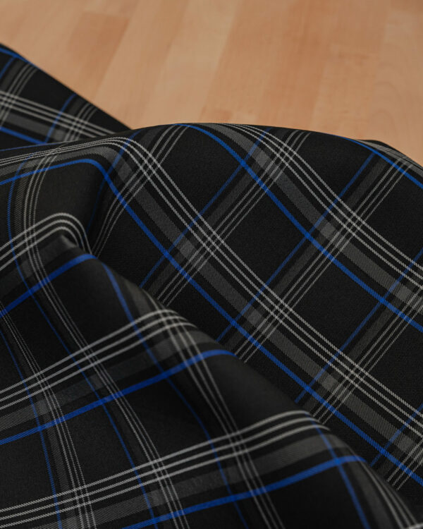 Tartan black, gray with blue stripes fabric. Originally used in the Volkswagen Golf MK7 models like GTI, GTE and GTD.