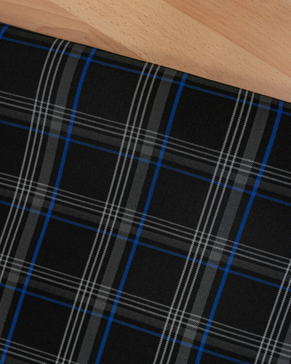 Tartan black, gray with blue stripes fabric. Originally used in the Volkswagen Golf MK7 models like GTI, GTE and GTD.