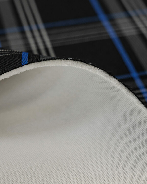 Tartan black, gray with blue stripes fabric. Originally used in the Volkswagen Golf MK7 models like GTI, GTE and GTD.