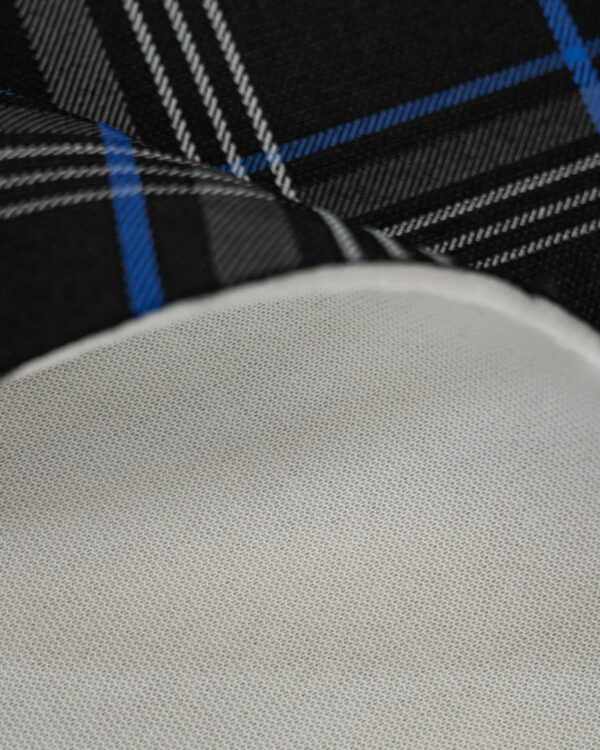 Tartan black, gray with blue stripes fabric. Originally used in the Volkswagen Golf MK7 models like GTI, GTE and GTD.