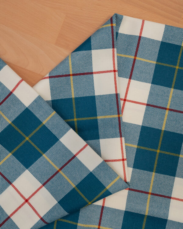 Tartan blue& white with red & yellow stripes.
