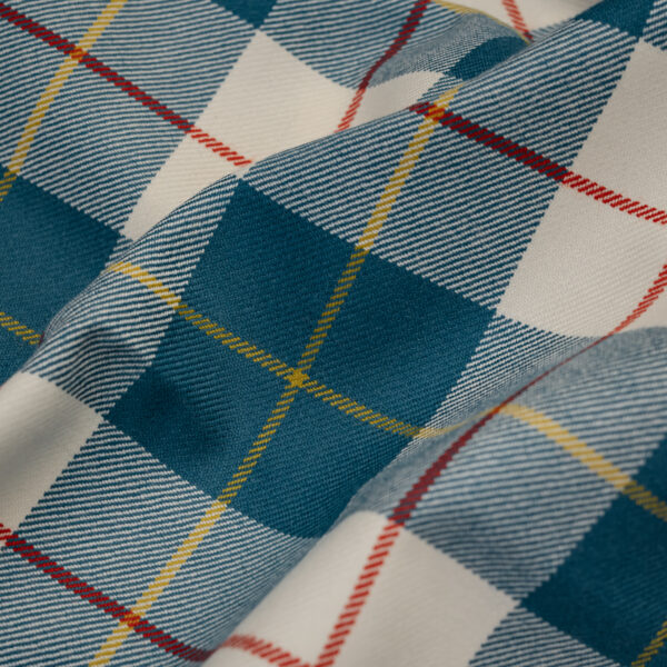 Tartan blue& white with red & yellow stripes.