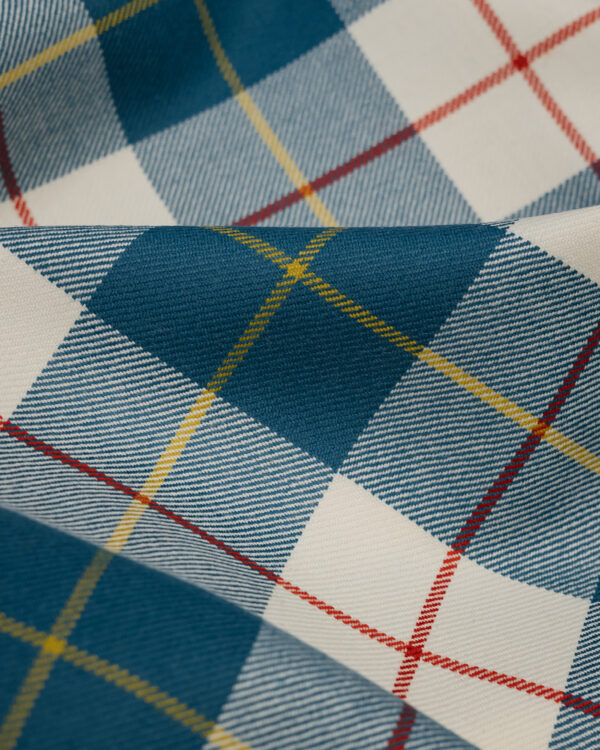 Tartan blue& white with red & yellow stripes.