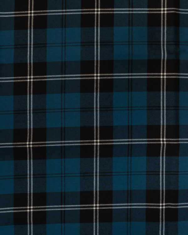 Tartan blue & black with white & black stripes.
