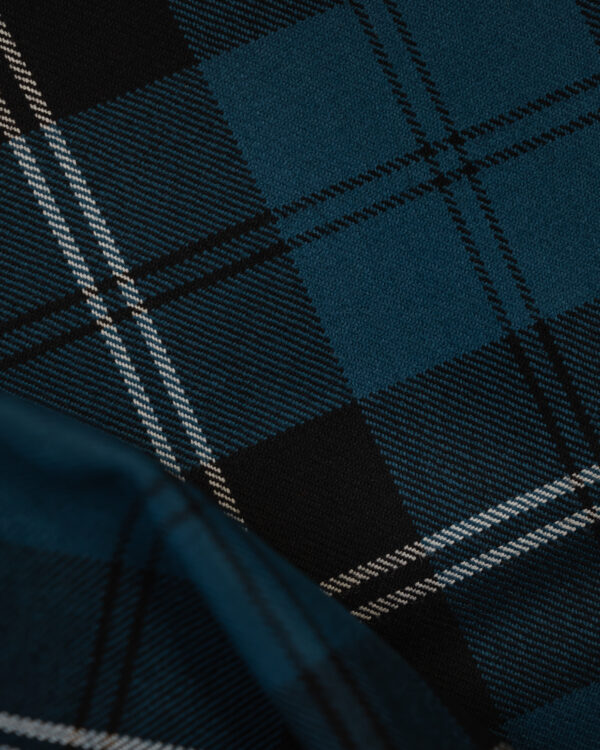 Tartan blue & black with white & black stripes.