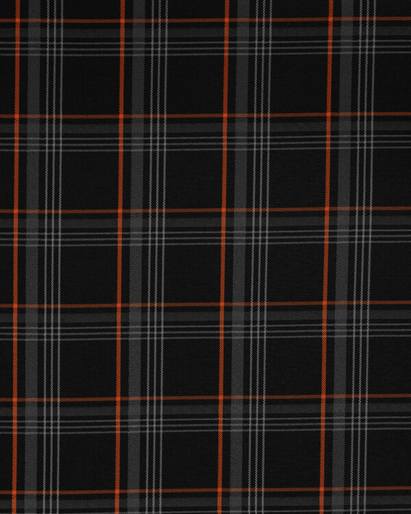 Tartan black & gray fabric with orange stripes. Originally used in the Volkswagen Golf MK7 models like GTI, GTE and GTD.