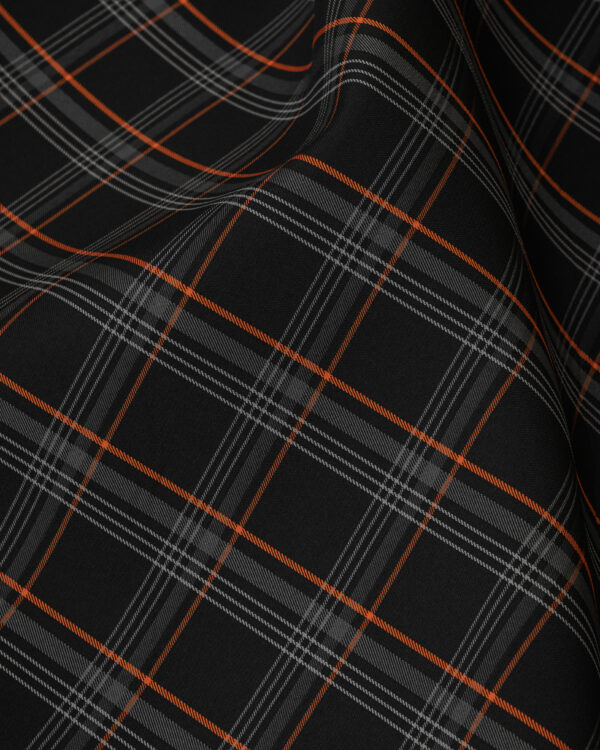 Tartan black & gray fabric with orange stripes. Originally used in the Volkswagen Golf MK7 models like GTI, GTE and GTD.