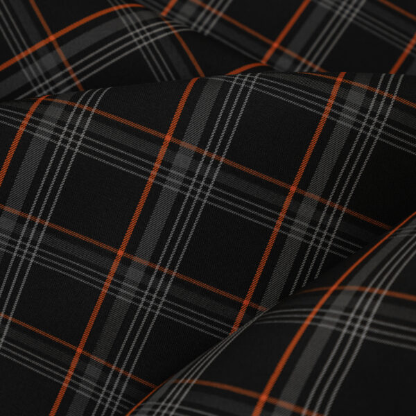 Tartan black & gray fabric with orange stripes. Originally used in the Volkswagen Golf MK7 models like GTI, GTE and GTD.