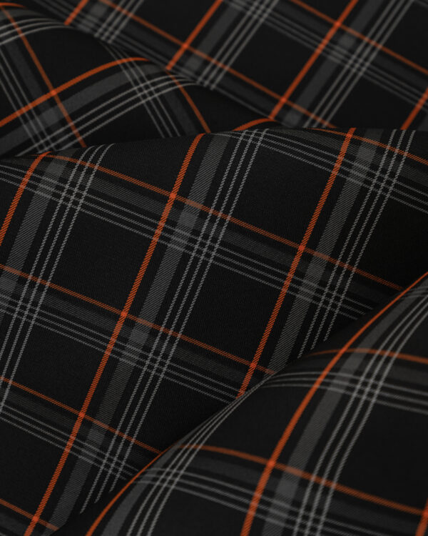 Tartan black & gray fabric with orange stripes. Originally used in the Volkswagen Golf MK7 models like GTI, GTE and GTD.