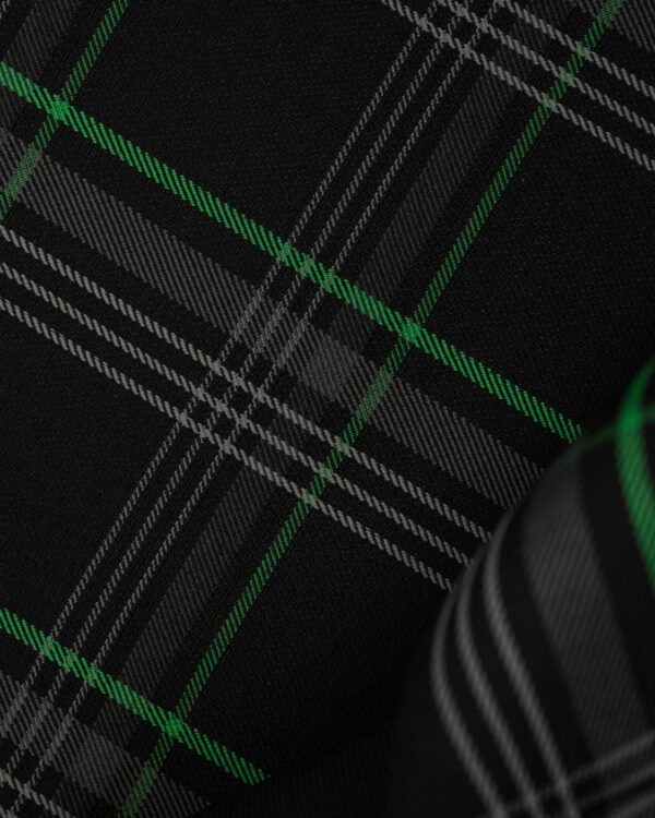 Tartan black, gray with green stripes fabric. Originally used in the Volkswagen Golf MK7 models like GTI, GTE and GTD.