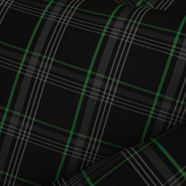 Tartan black, gray with green stripes fabric. Originally used in the Volkswagen Golf MK7 models like GTI, GTE and GTD.