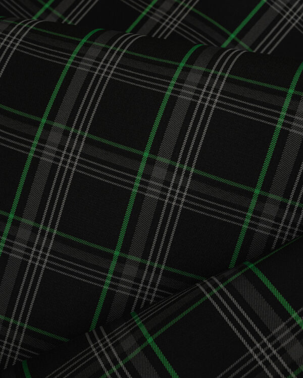 Tartan black, gray with green stripes fabric. Originally used in the Volkswagen Golf MK7 models like GTI, GTE and GTD.