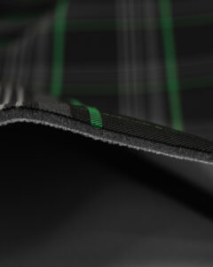 Tartan black, gray with green stripes fabric. Originally used in the Volkswagen Golf MK7 models like GTI, GTE and GTD.