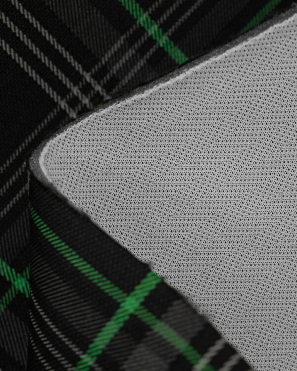 Tartan black, gray with green stripes fabric. Originally used in the Volkswagen Golf MK7 models like GTI, GTE and GTD.
