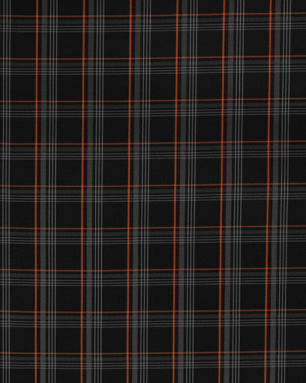 Tartan black & gray fabric with orange stripes. Originally used in the Volkswagen Golf MK7 models like GTI, GTE and GTD.